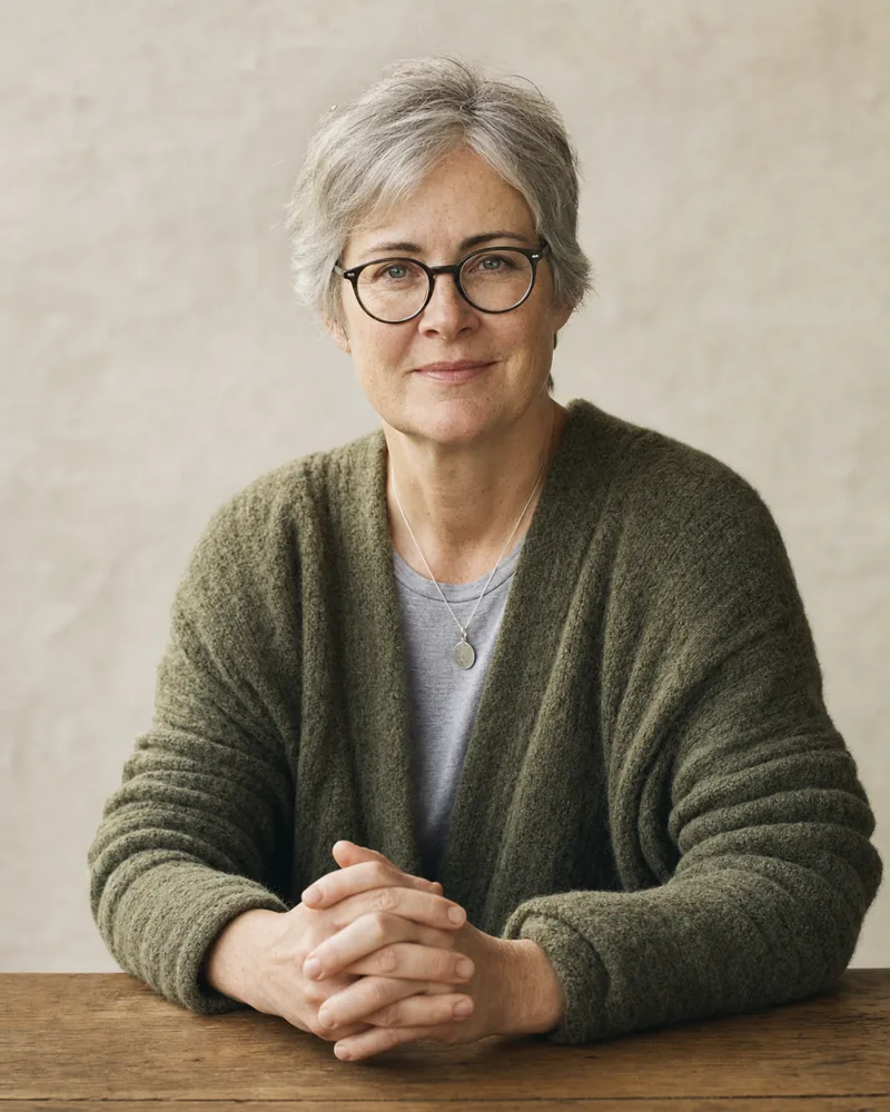 Editorial portrait of Catriona Lennox-Buchanan, a white Scottish woman in her mid fifties with short silver-grey hair and dark-rimmed glasses, in a soft moss-coloured cardigan